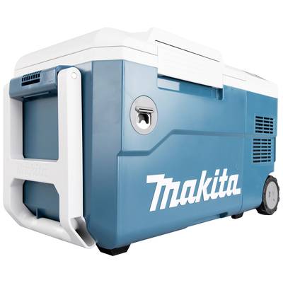 Blauer Makita-Kühlschrank auf Rädern mit weißem Griff und Logo; tragbar und robustes Design für Outdoor-Einsätze.