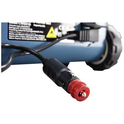 Nahaufnahme eines elektrischen Geräts mit einem Kabel und Steckverbindung. Das Gerät hat ein blaues Gehäuse und befindet sich in einer nicht näher bestimmten Umgebung.