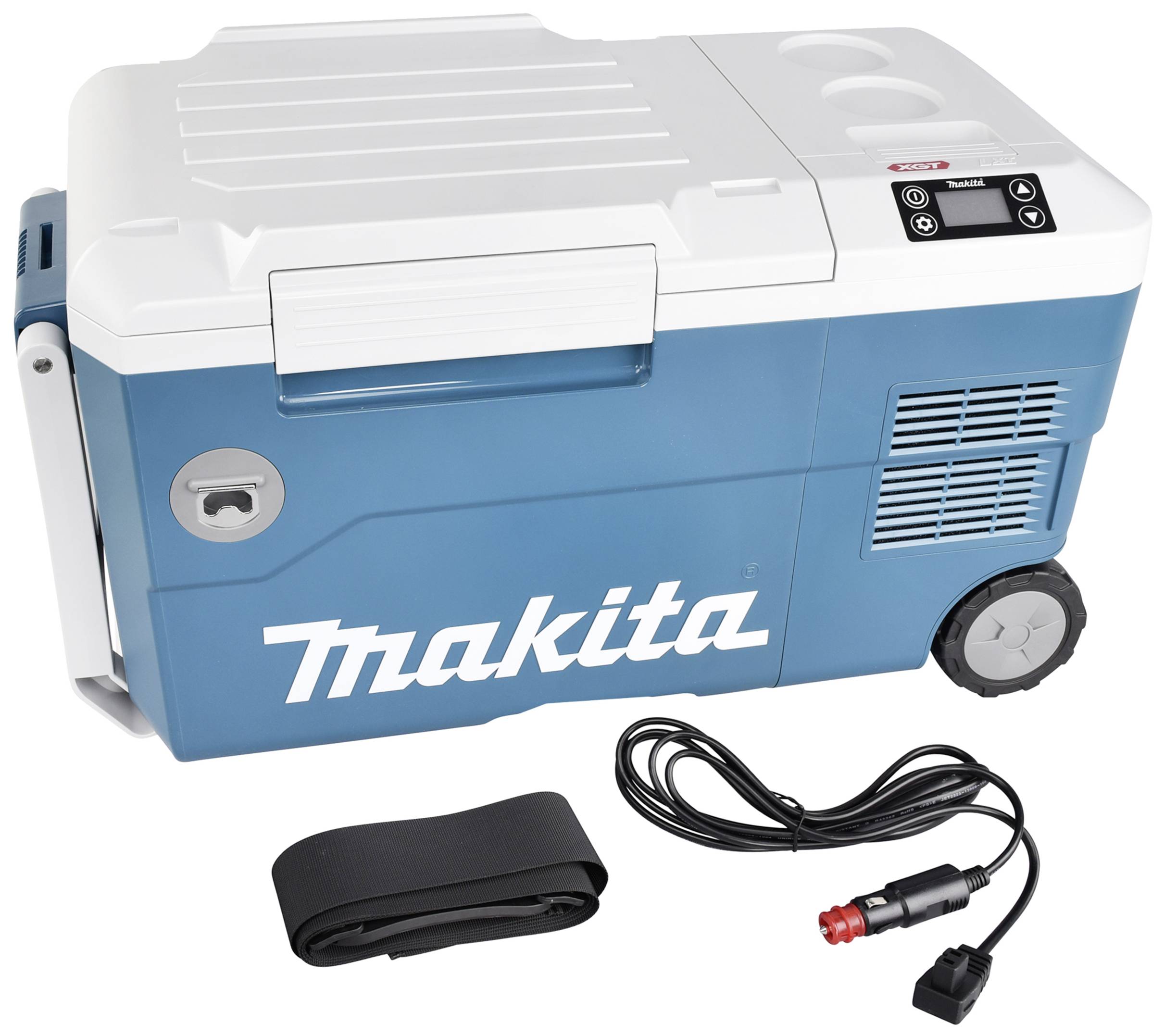 Tragbare Makita Kühlbox in Blau mit digitalem Bedienfeld und Rädern. Enthält Kabel und Riemen. Ideal zum Kühlen von Getränken unterwegs.