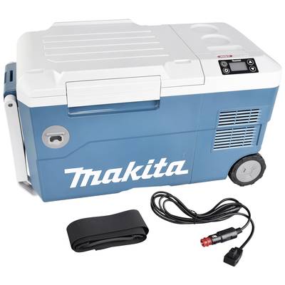 Tragbare Makita Kühlbox in Blau mit digitalem Bedienfeld und Rädern. Enthält Kabel und Riemen. Ideal zum Kühlen von Getränken unterwegs.