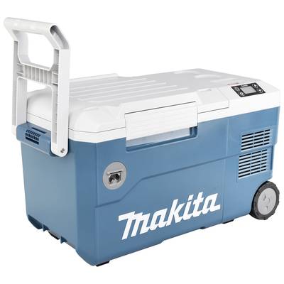 Mobiler, blauer Makita-Kühlschrank mit Rädern und ausziehbarem Griff, geeignet für tragbare Kühlung bei Outdoor-Aktivitäten.