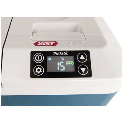 Nahaufnahme eines Makita-Kühlgeräts mit Temperaturanzeige 15°C auf digitalem Display, daneben Tasten für Einstellungen und Markenlogo.