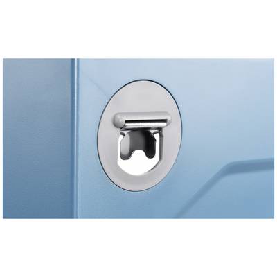 Nahaufnahme eines silbernen Flaschenöffners, der in eine blaue Oberfläche montiert ist.