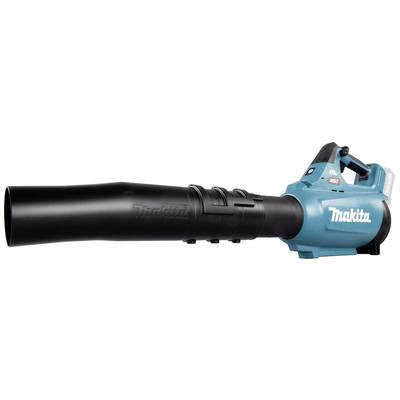 Blauer und schwarzer Makita Laubbläser seitlich fotografiert. Großer Luftauslass und ergonomischer Griff erkennbar.