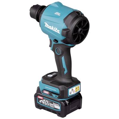 Ein kabelloser Makita-Gebläselüfter mit blauem Gehäuse und schwarzem Griff, angetrieben durch einen 40V Max XGT-Akku.