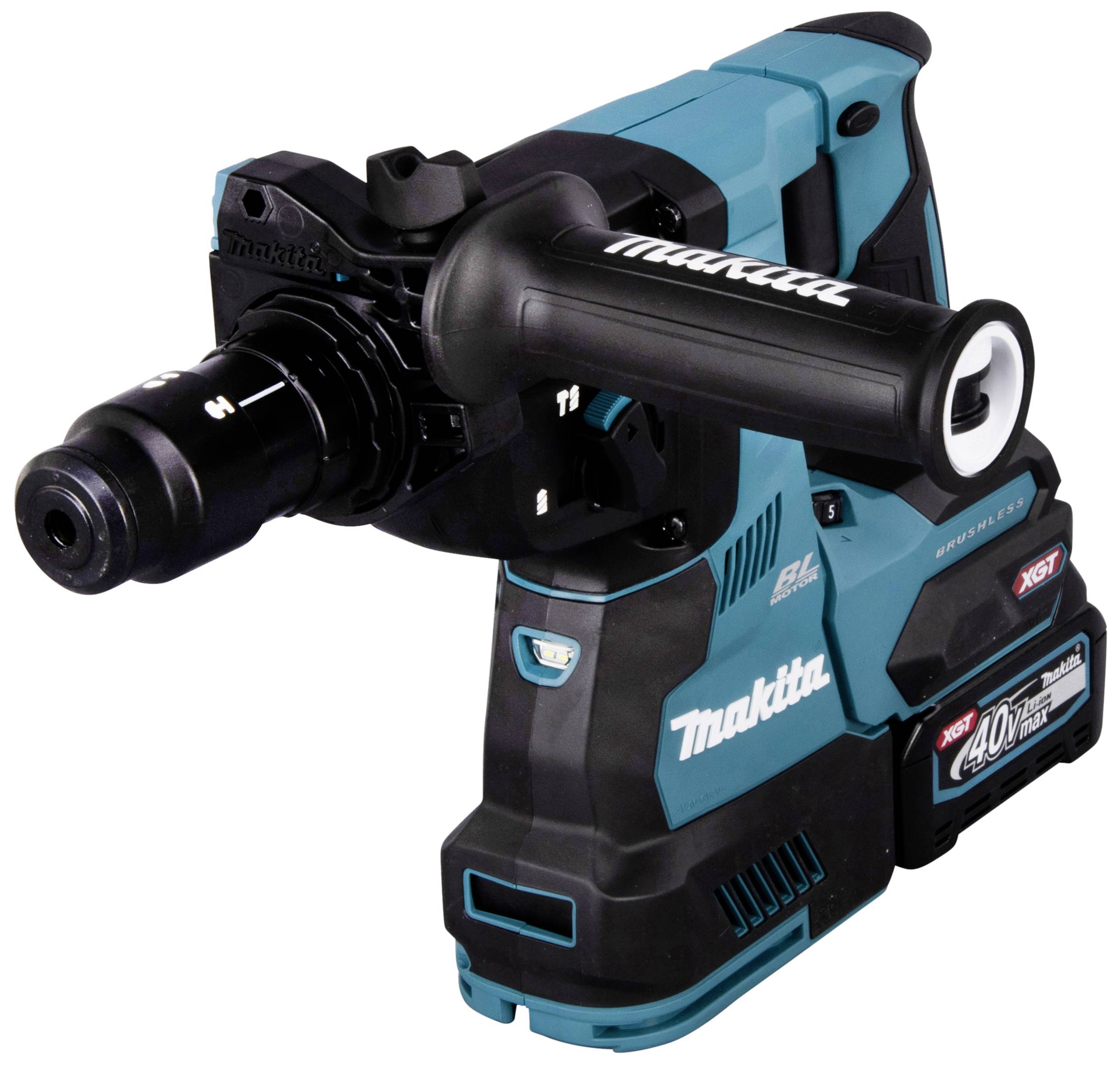 Akkubohrmaschine der Marke Makita, blau-schwarz mit Griffen und Akku. Geeignet für handwerkliche Arbeiten und Heimwerken.