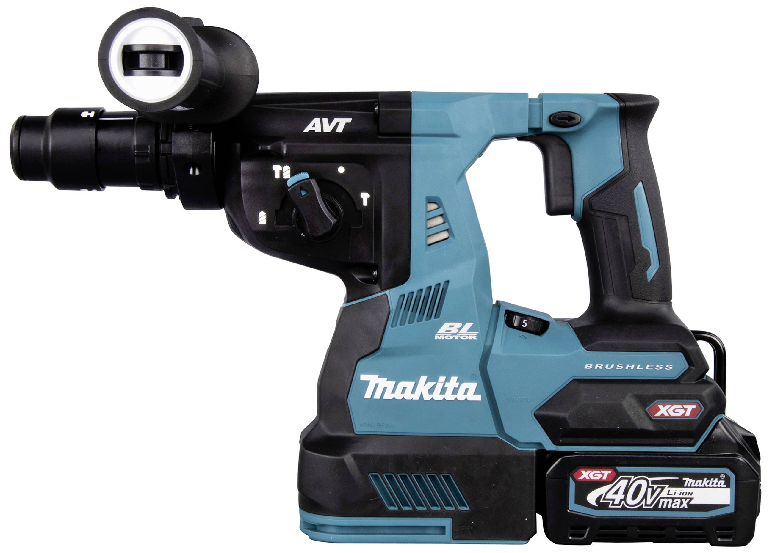 Ein kabelloser Makita Bohrhammer in Blau und Schwarz. Modell: XGT 40V max. Geeignet für Bauarbeiten.