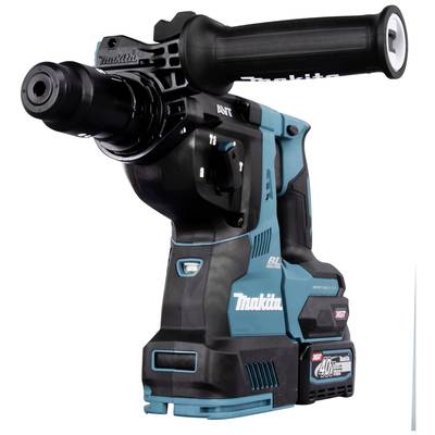 Ein kabelloser Bohrhammer der Marke Makita in blau-schwarzer Farbe mit einem ergonomischen Griff und einem LED-Licht zur besseren Sichtbarkeit.