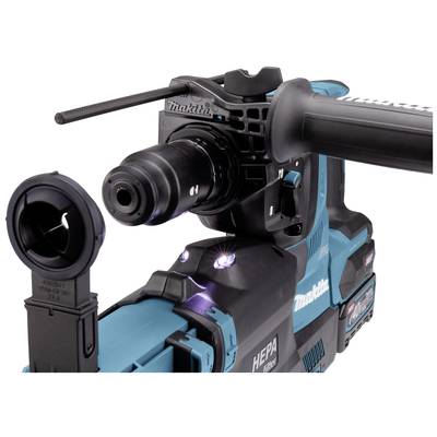 Bohrhammer mit Staubabsaugung und Zusatzgriff, hauptsächlich in Blau und Schwarz gestaltet.