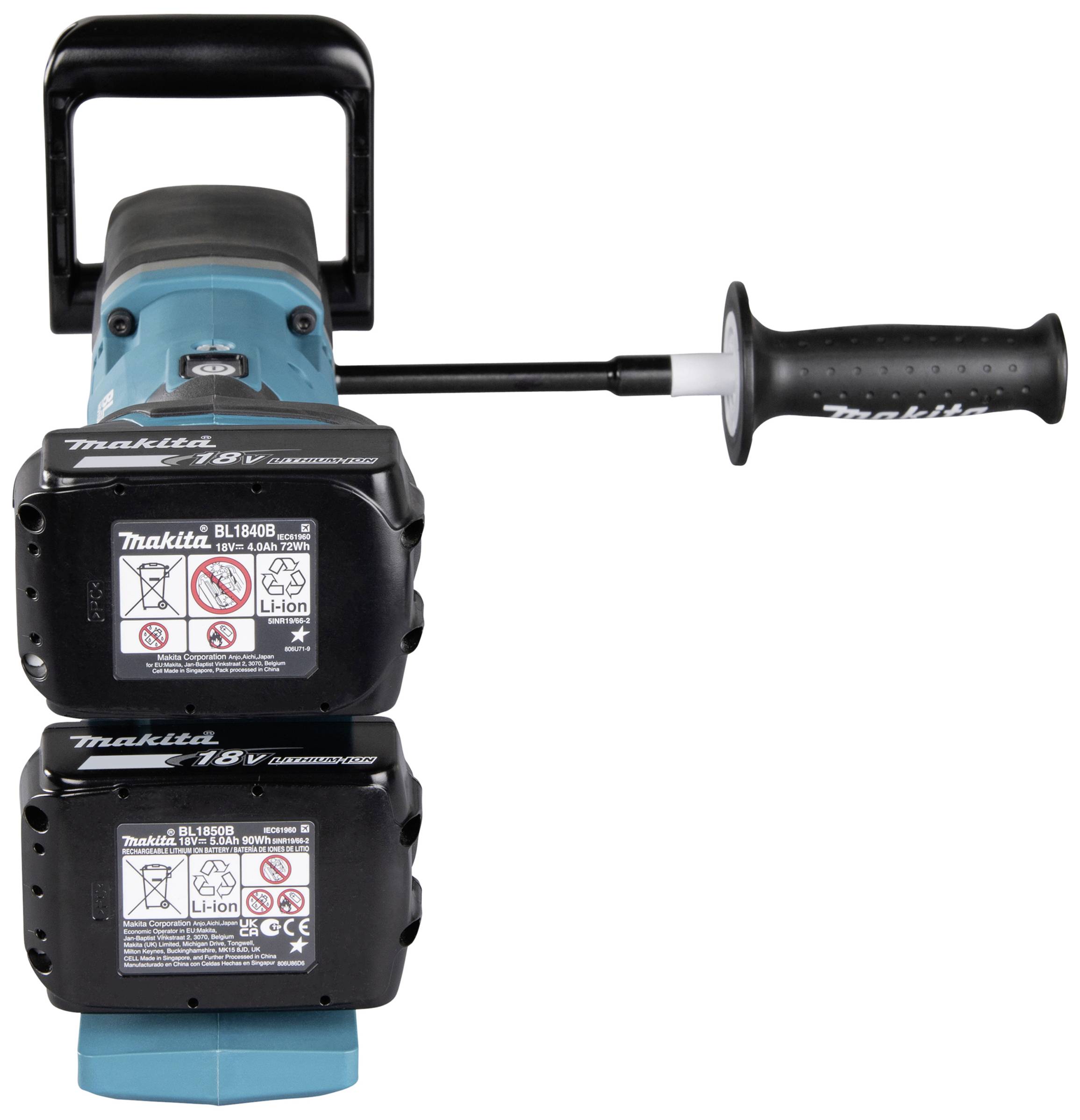 Ein elektrisches Werkzeug mit zwei aufgesetzten Lithium-Ionen-Akkus und ergonomischem Griff, geeignet für Bau- und Heimwerkerarbeiten.