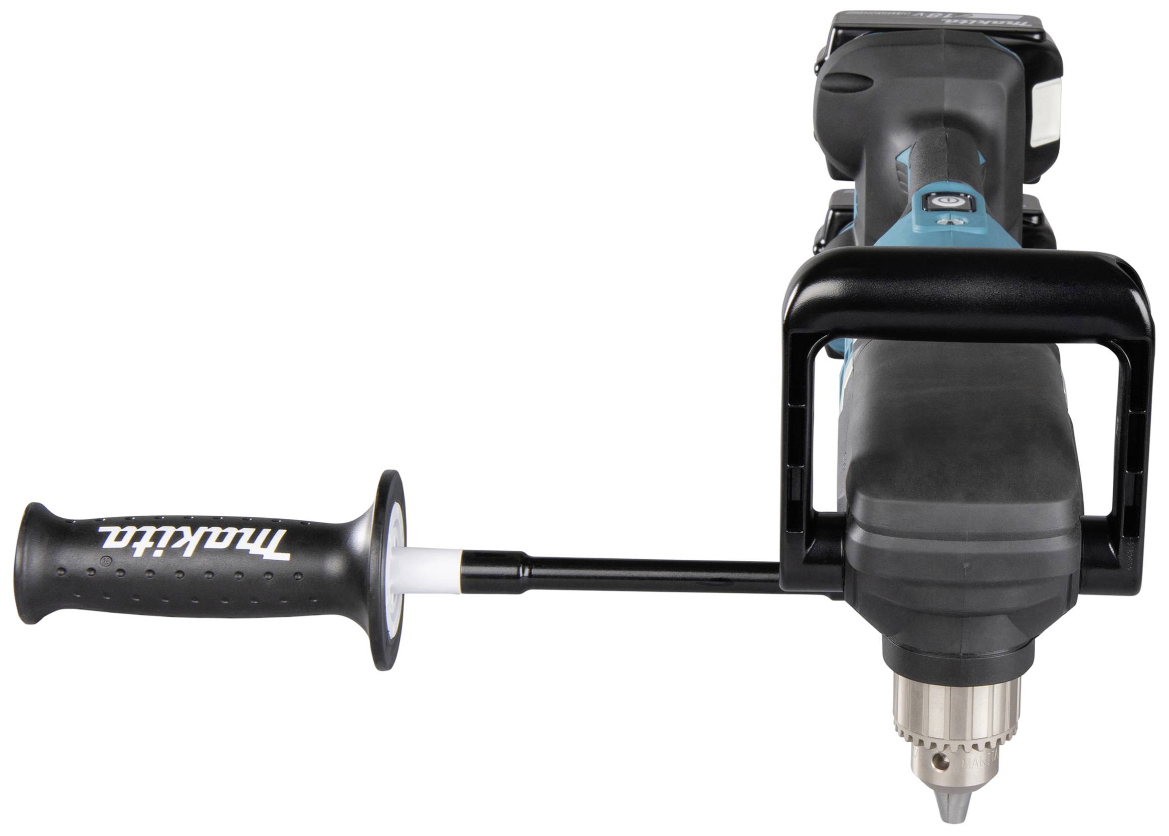 Ein schwarzer elektrischer Bohrschrauber von Makita mit seitlichem Griff. Ideal für Bau- und Heimwerkerarbeiten.