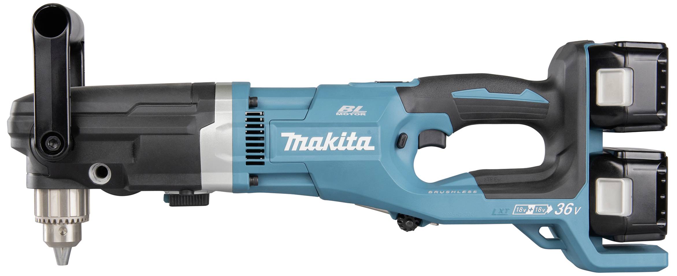 Akkuschrauber mit einem seitlich angebrachten Griff und zwei Akkus, markiert mit 'Makita', auf weißem Hintergrund.