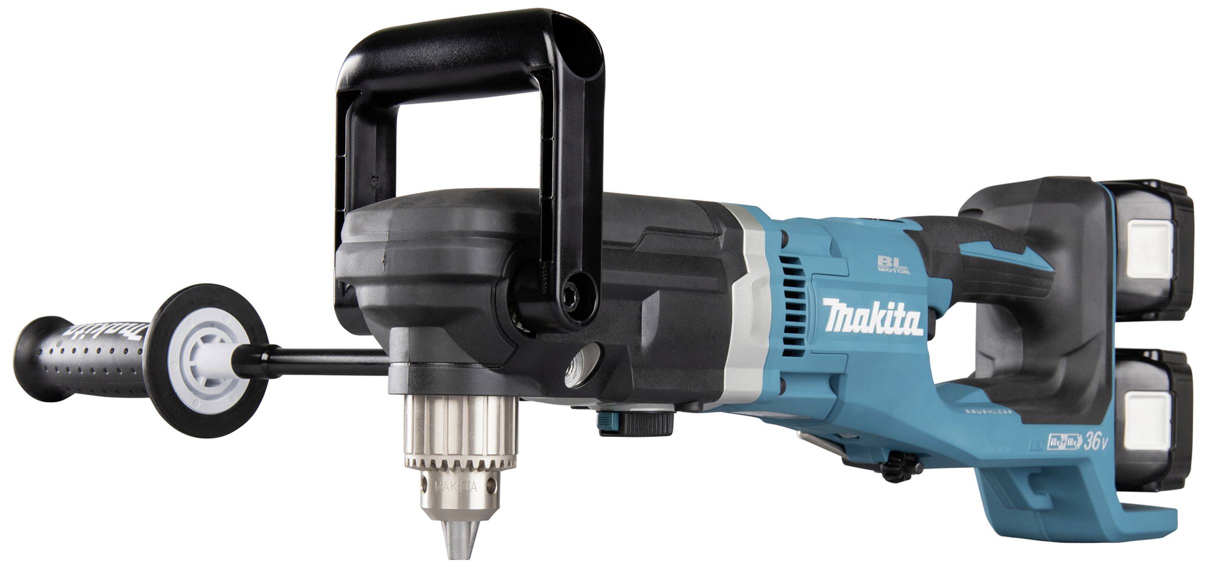 Akkubohrmaschine in Blau und Schwarz mit Metallbohrfutter, seitlichem Griff und zwei Batterien.