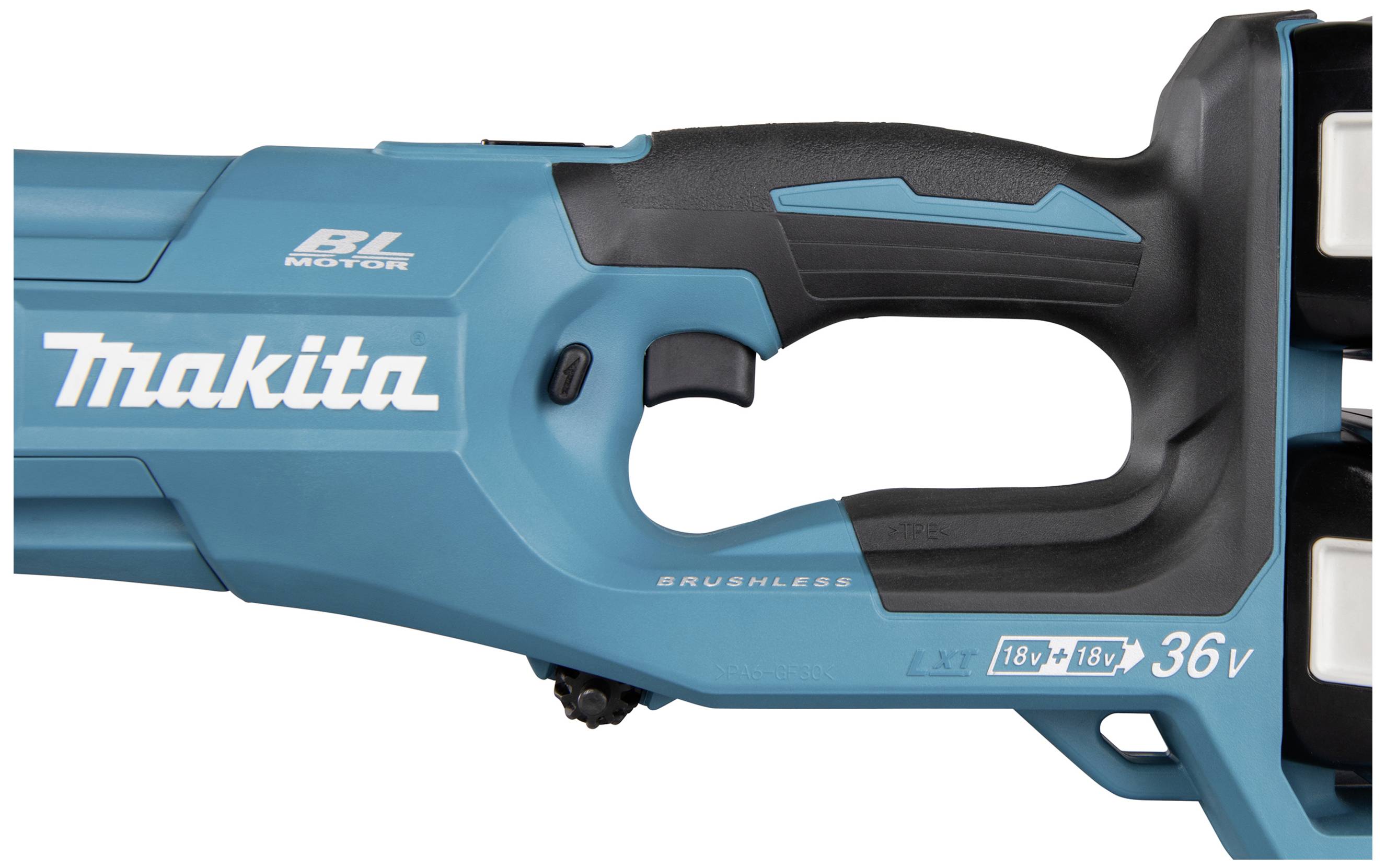 Ein blauer, kabelloser Makita BL Motor mit schwarzem Griff, geeignet für 18V bis 36V, zeigt ergonomisches Design und Markenlogo.