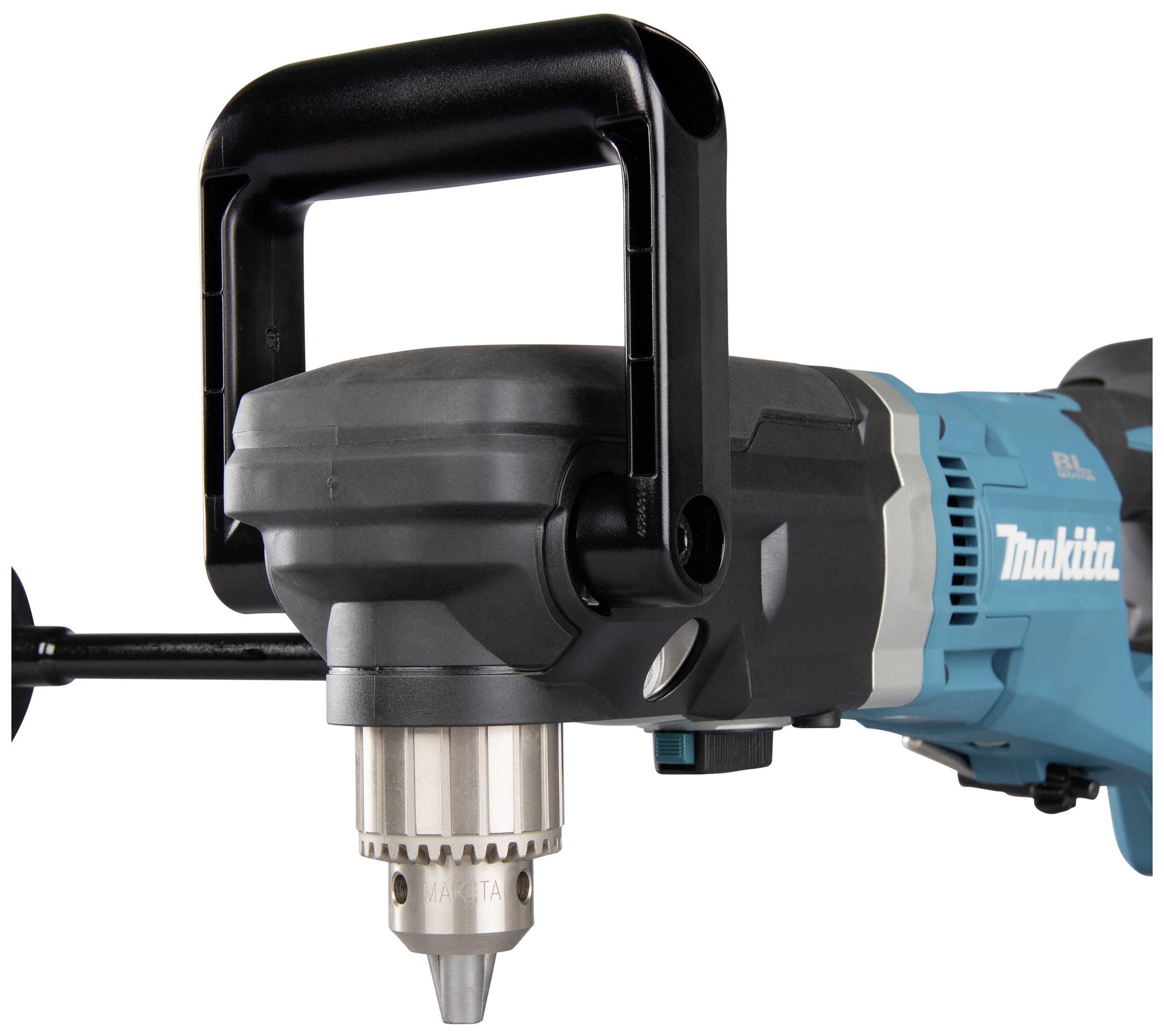 Elektrische Bohrmaschine mit blauem Gehäuse und robustem schwarzen Griff, Marke ist sichtbar.