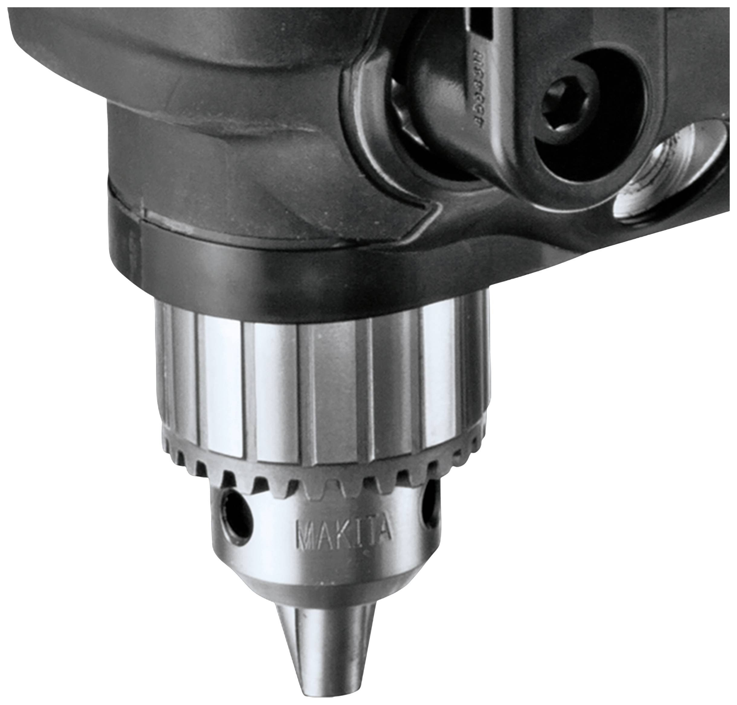 Nahaufnahme eines Bohrfutters einer Bohrmaschine. Das silberne Metall und der schwarze Kunststoff bilden einen starken Kontrast.