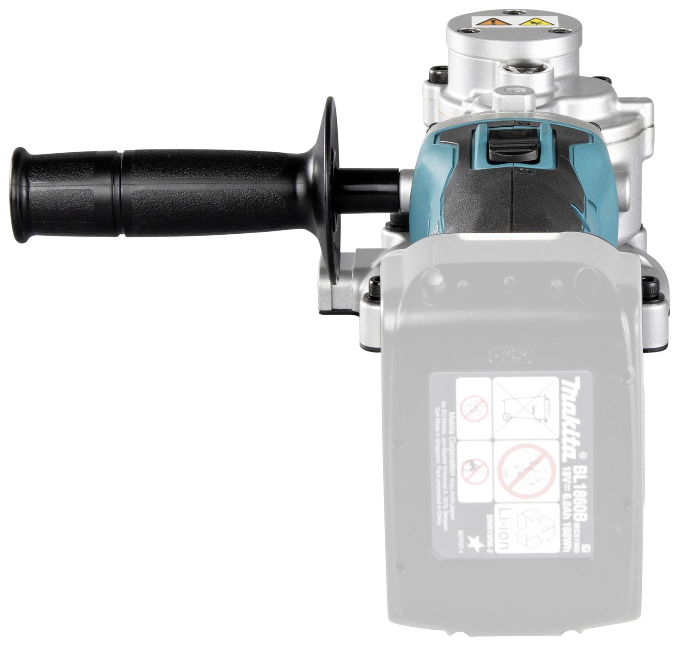 'Akku-Winkelschleifer mit seitlichem Griff, Makita-Logo und Warnhinweisen auf dem Akku sichtbar. Schutzhaube über Schleifrad.'