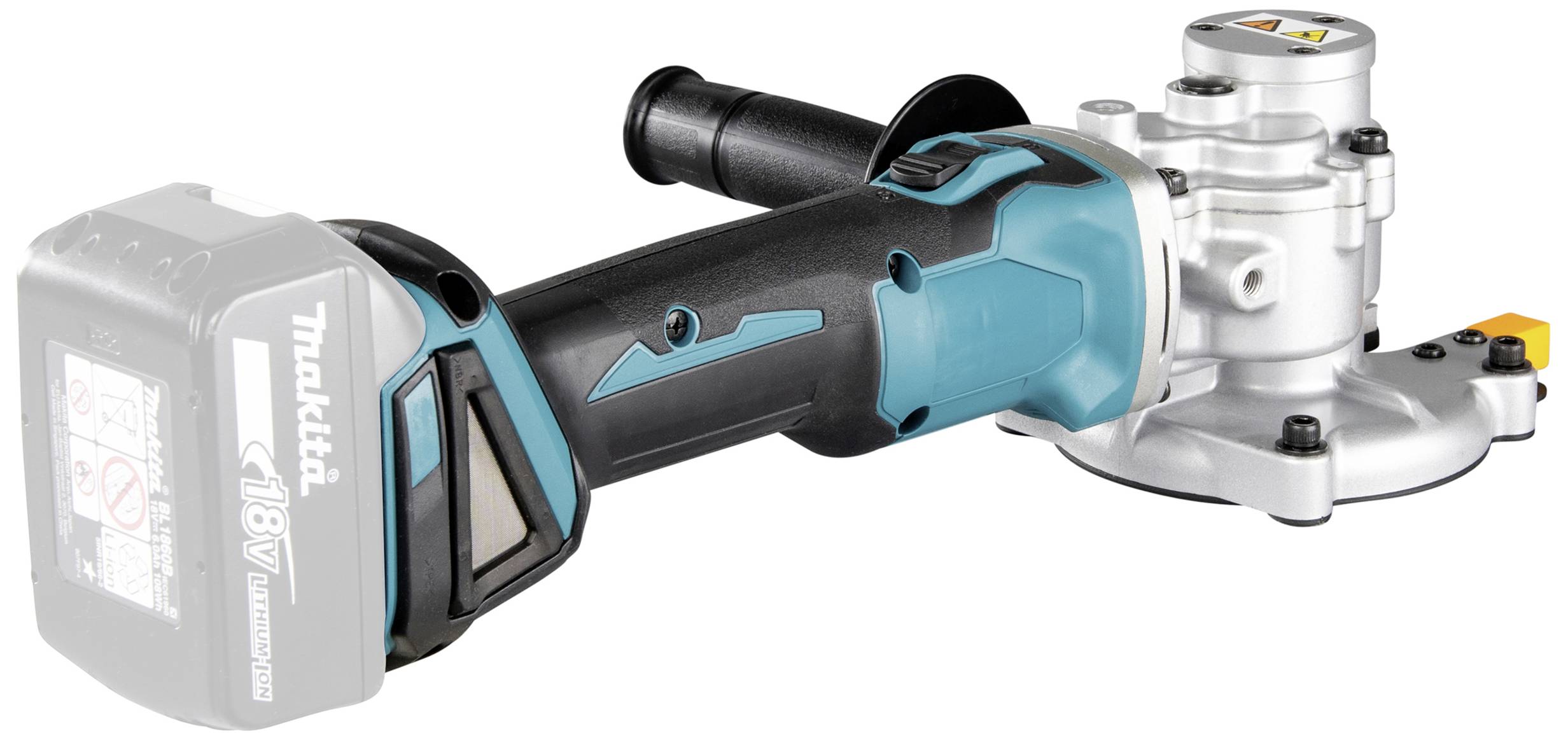 Ein kabelloser Winkelschleifer mit ergonomischem Griff und herausnehmbarem Akku, geeignet für Schleif- und Schneidaufgaben.