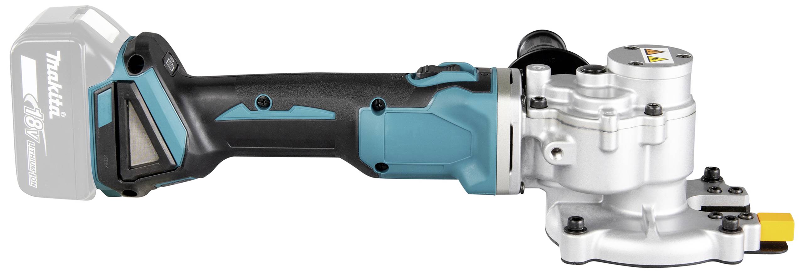 Akkubetriebener Winkelschleifer, türkis und schwarz, mit silbernem Schleifkopf für Schleifarbeiten in Werkstatt oder Baustelle.