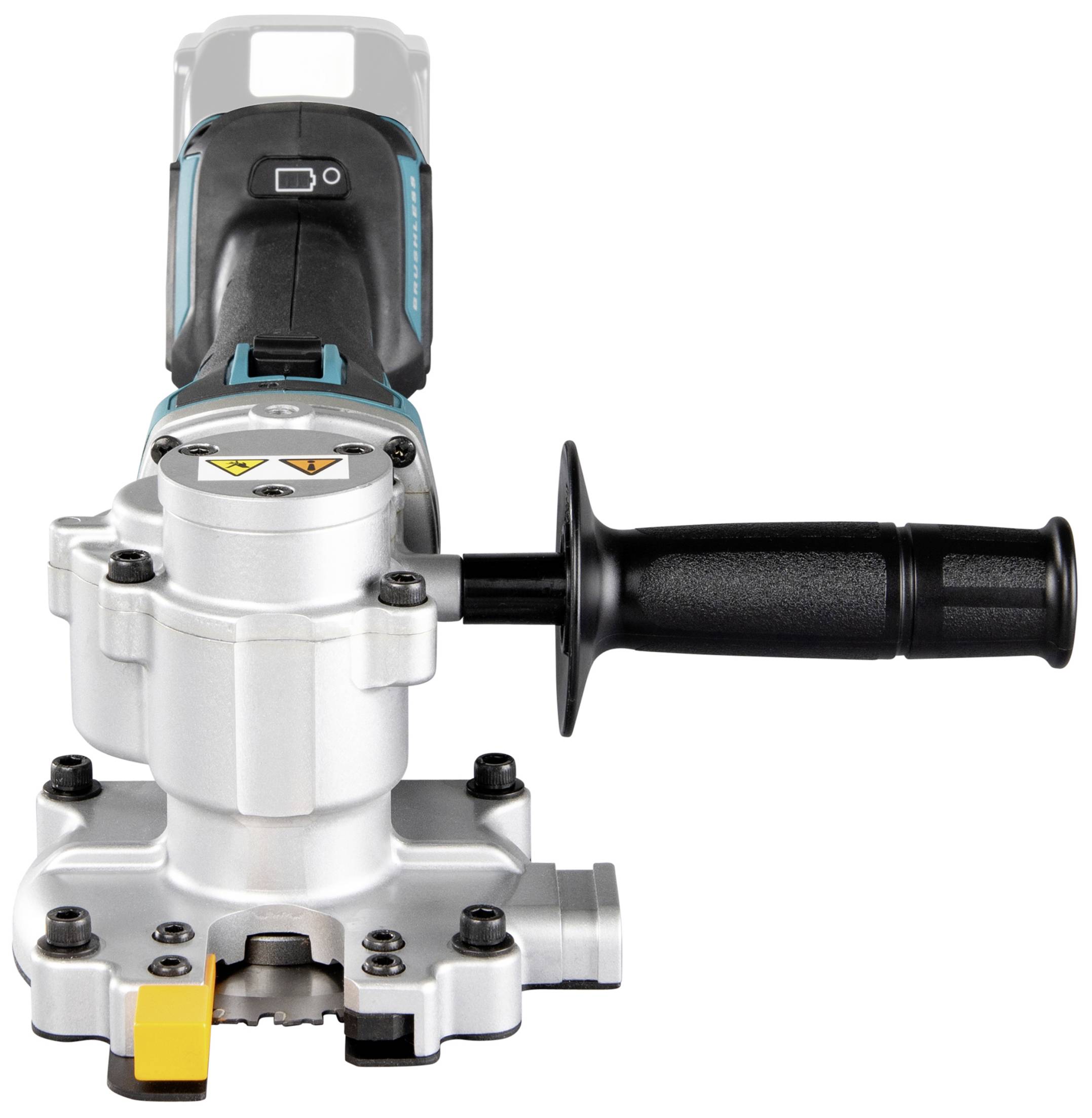 Ein Winkelschleifer mit einem ergonomischen Griff, silbernem Gehäuse und blauen Akzenten. Vorderansicht zeigt die Schutzkappe und Bedienelemente.