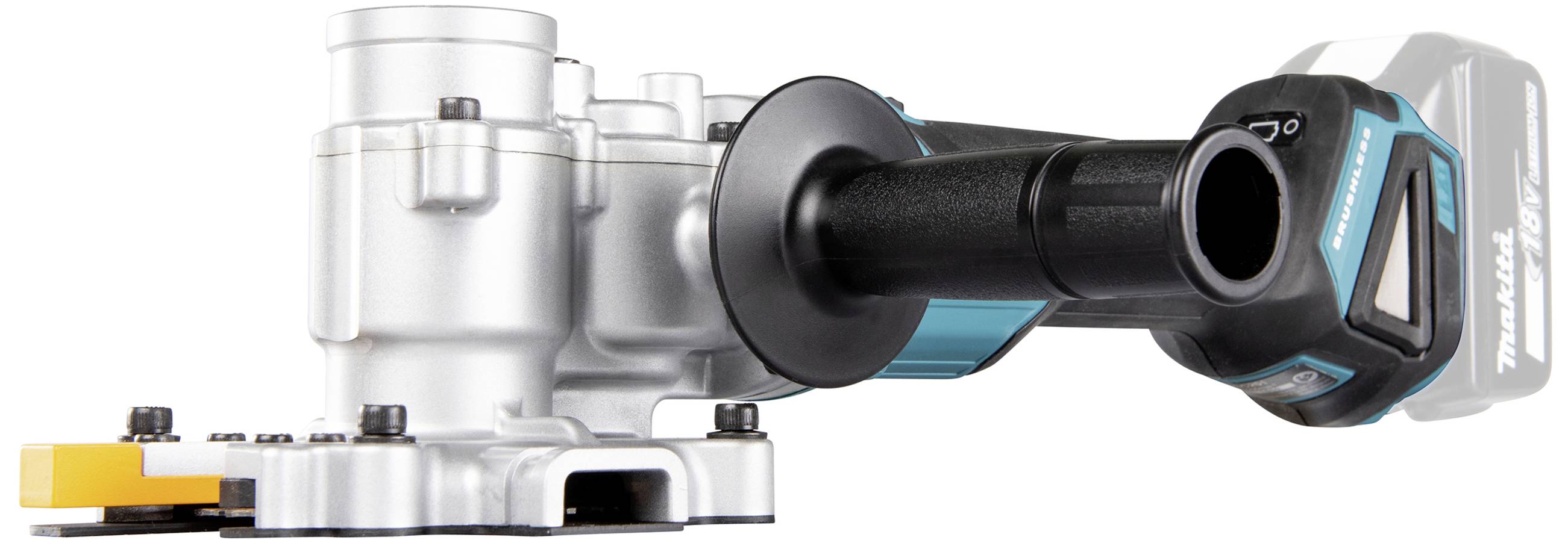 Akkubetriebener Winkelschleifer mit schwarzem Griff und silbernem Gehäuse, Ansicht von der Seite.