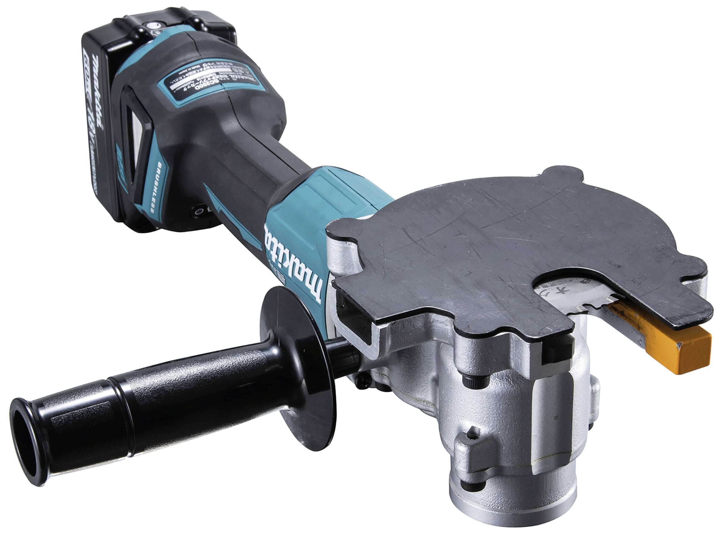 Akku-Schweißkantenschleifer im Vordergrund mit ergonomischem Griff und silbernem Schleifkopf, geeignet für Metallbearbeitung.