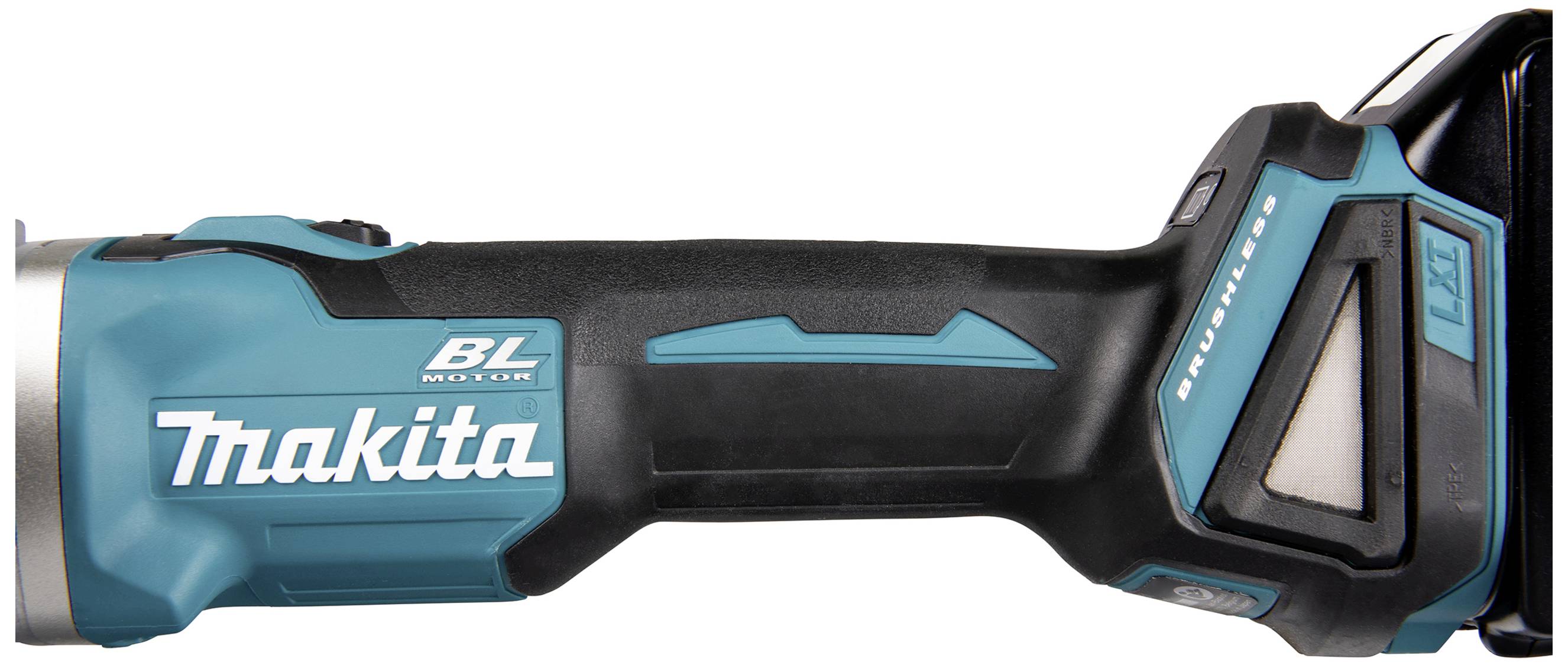 Akkuwerkzeug von Makita im Profil, zeigt ergonomisches Design und Markenlogo.