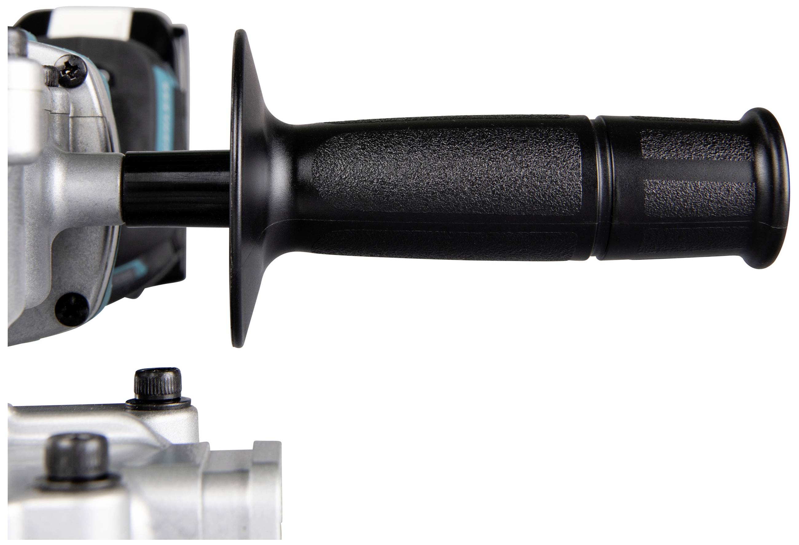 Handgriff eines Elektrowerkzeugs mit einem schwarzen Griff, montiert an einem silbernen Gehäuse.