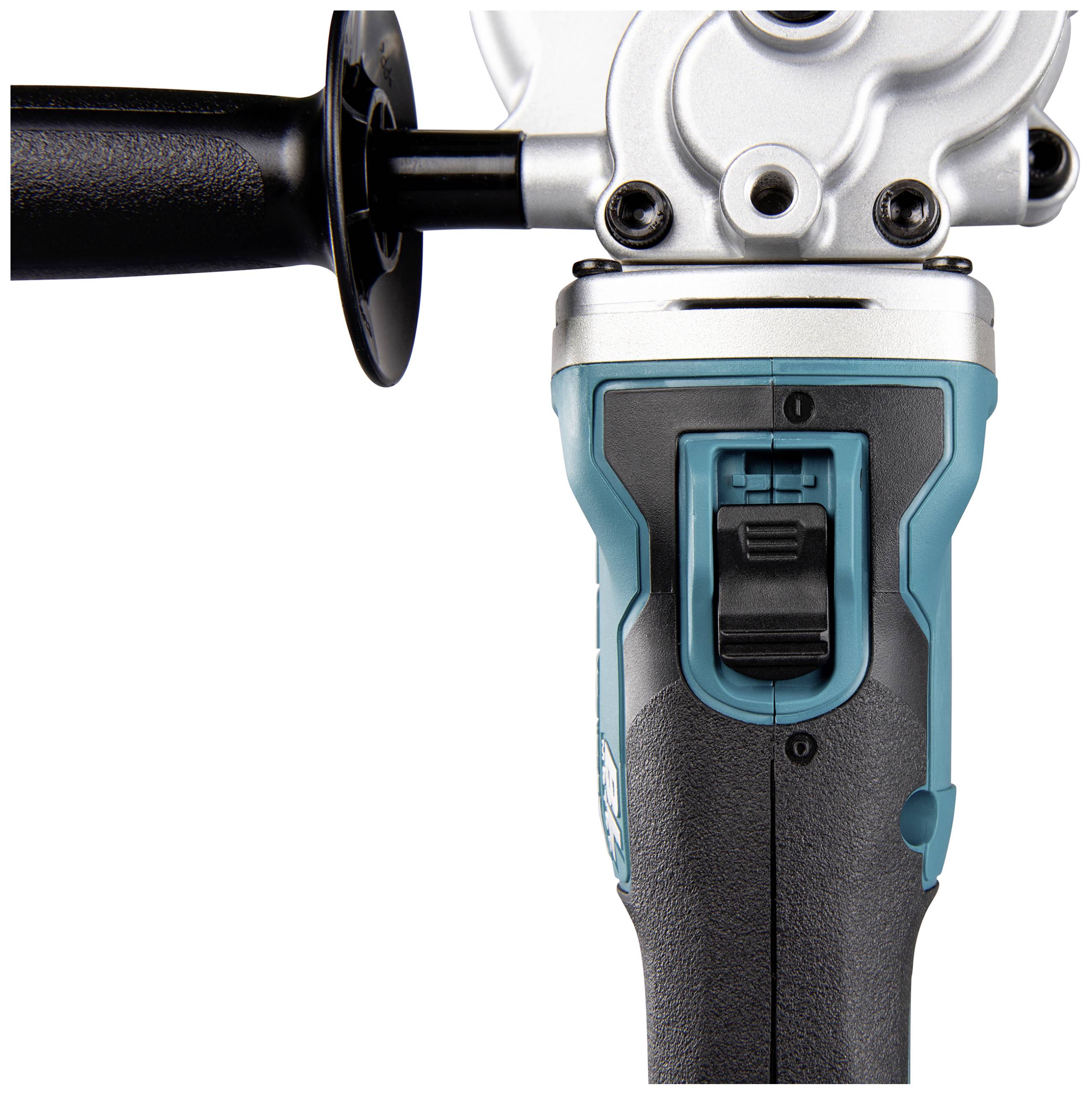 Handgriff und Schalter eines elektrischen Winkelschleifers, sichtbar aus der Nähe. Das Design ist ergonomisch und modern gestaltet.