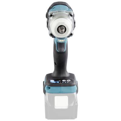 Akkuschlagschrauber in Frontalansicht, schwarz-türkises Gehäuse, ohne eingesetztem Akku, geeignet für Schraub- und Montagearbeiten.