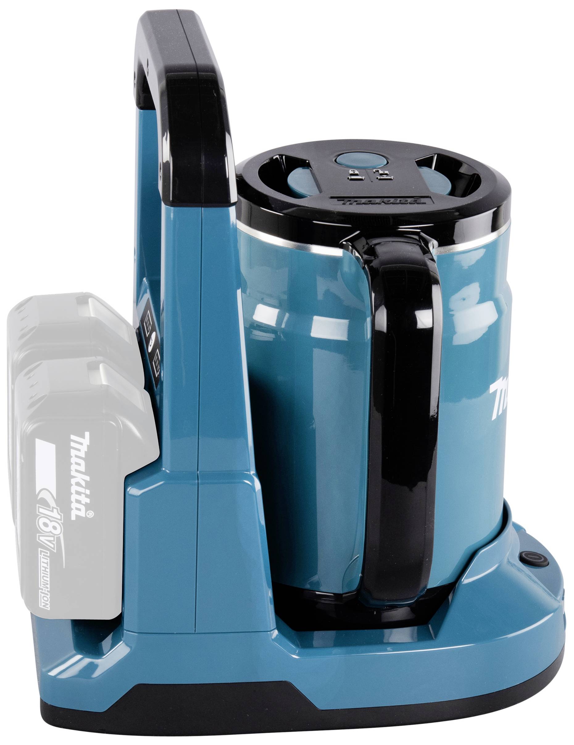 Ein blauer, akkubetriebener Wasserkocher mit schwarzem Griff von der Seite gezeigt.