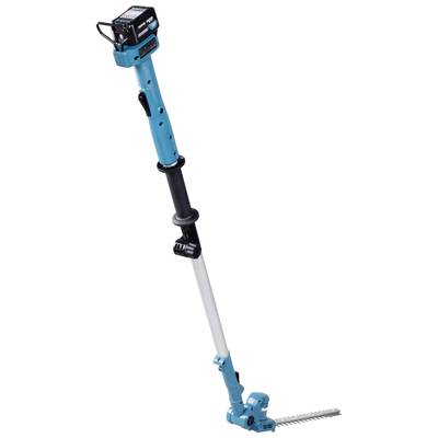 Teleskop-Heckenschere in Blau mit schwarzem Griff, geeignet für das Schneiden hoher Hecken ohne Leiter.