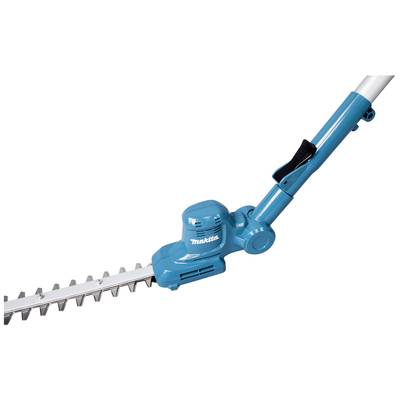 Ein blauer elektrischer Heckenschneider mit langem Griff und scharfen Klingen. Gefertigt für das präzise Schneiden von Sträuchern.