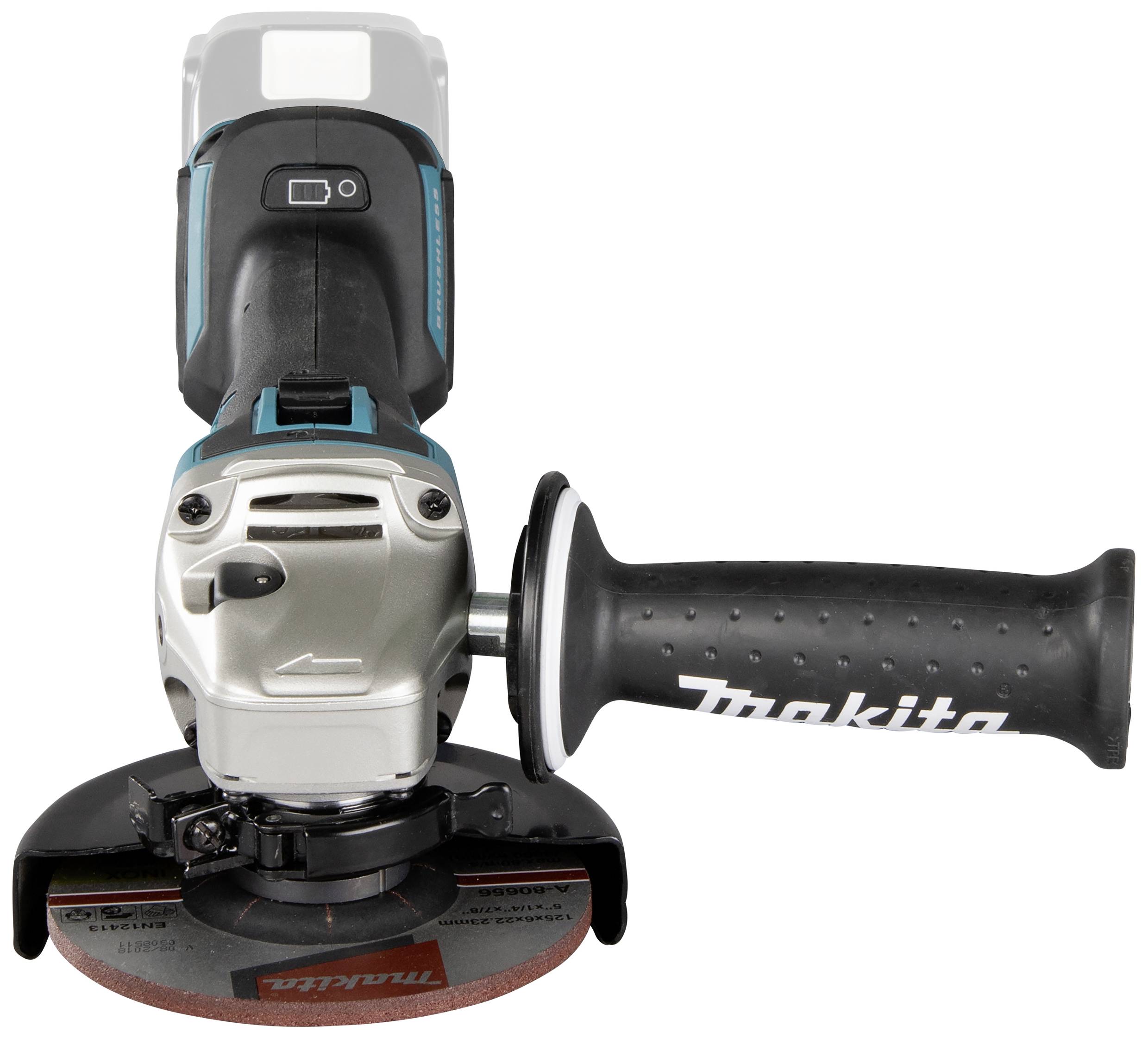 Ein handgehaltener Winkelschleifer in Schwarz und Silber mit einem Seitengriff, geeignet für Schleif- und Schneidearbeiten.