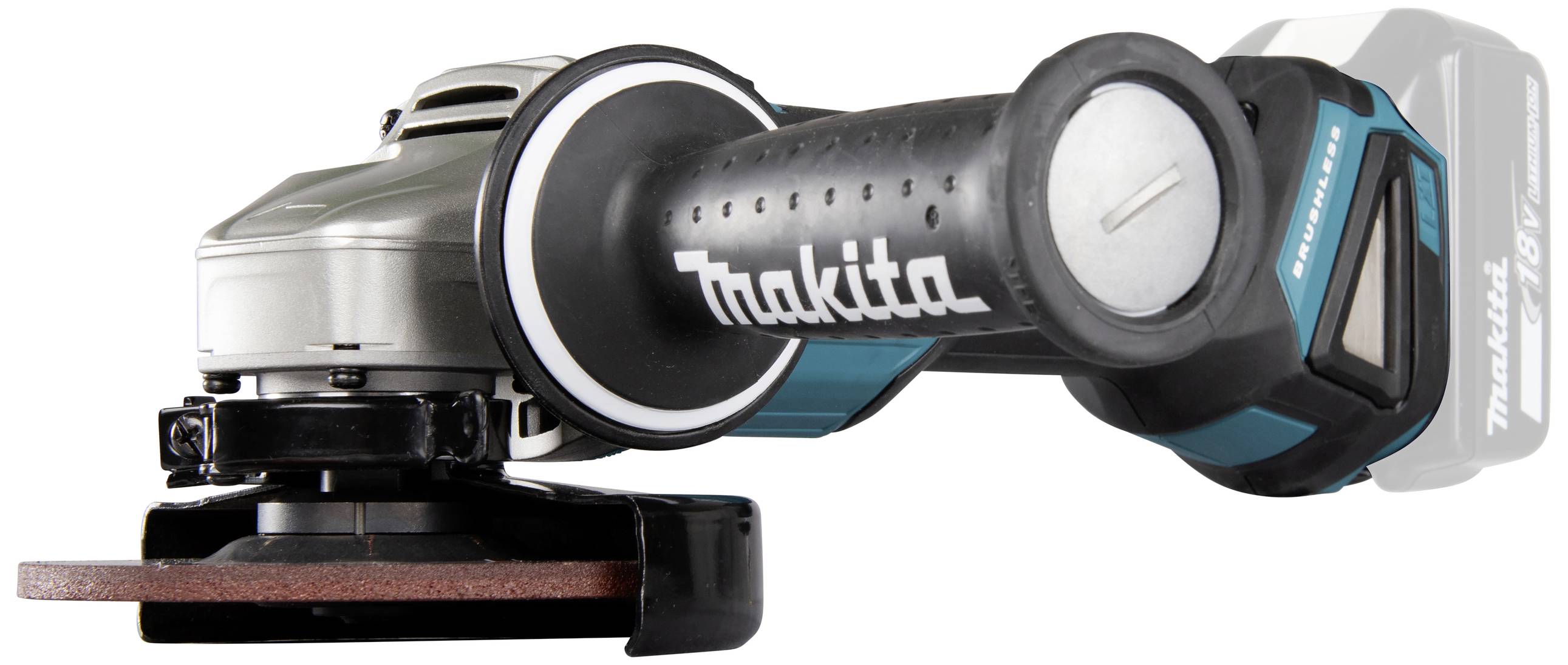 Akkubetriebener Winkelschleifer von Makita mit ergonomischem Griff, geeignet zum Schleifen und Schneiden von Materialien.