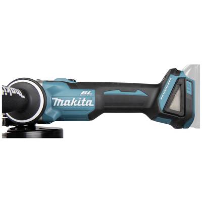 Ein blauer, kabelloser Winkelschleifer mit der Aufschrift 'Makita', ergonomischem Griff und bürstenlosem Motor.