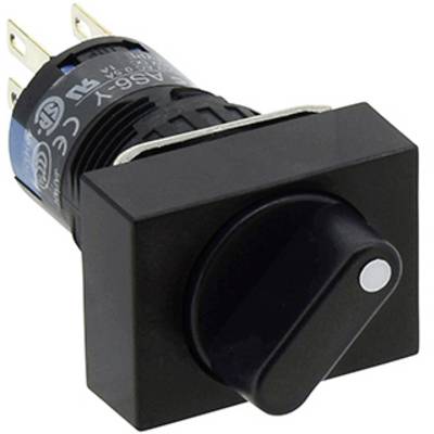 Ein schwarzer Drehschalter mit einem rechteckigen Sockel und metallischen Anschlüssen. Geeignet für elektrische Steuerungen.