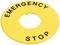 Gelbes Not-Aus-Schild mit der Aufschrift 'EMERGENCY STOP'.