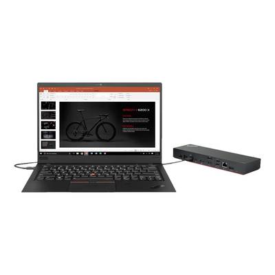 Ein Laptop zeigt eine Präsentation über ein Fahrrad auf dem Bildschirm. Daneben liegt eine angeschlossene Dockingstation mit mehreren Anschlüssen.