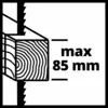 Schnittdarstellung eines Holzbalkens von maximal 85 mm Dicke, der von einer Säge durchtrennt wird.