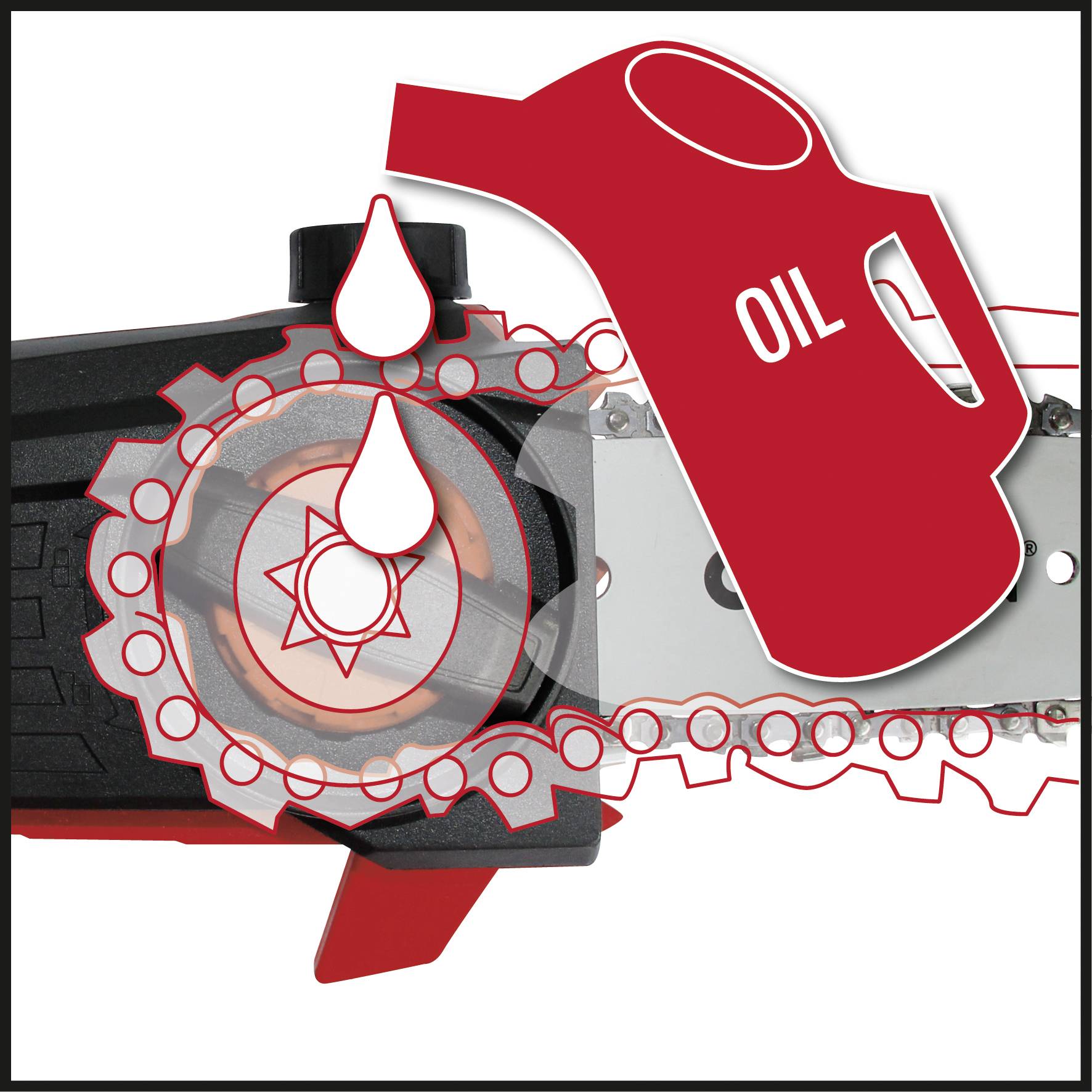 Eine Kettensäge mit rotem Ölkannensymbol, das Öltröpfchen zeigt, die auf die Kette fallen, um Schmierung darzustellen.