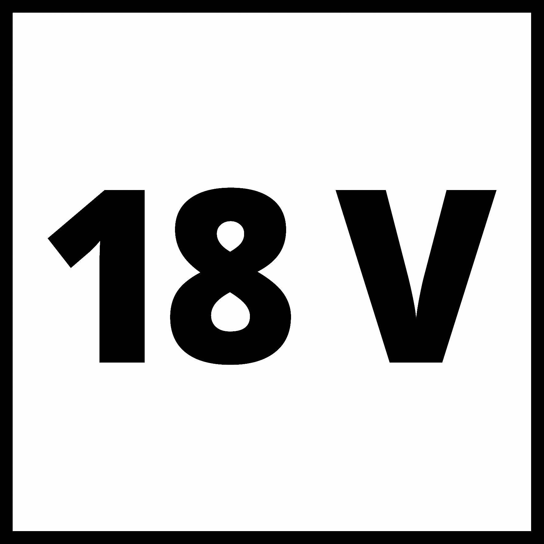 '18V' in schwarzer Schrift auf weißem Hintergrund, bedeutet, dass etwas für 18 Volt geeignet ist.