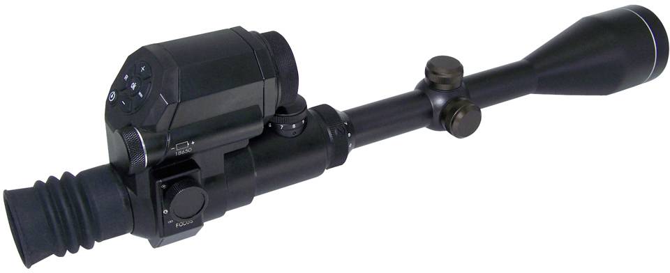 Zielfernrohr mit Nachtsichtgerät. Enthält Bedienelemente und Linsen; dient zum präzisen Zielen bei schlechten Lichtverhältnissen.