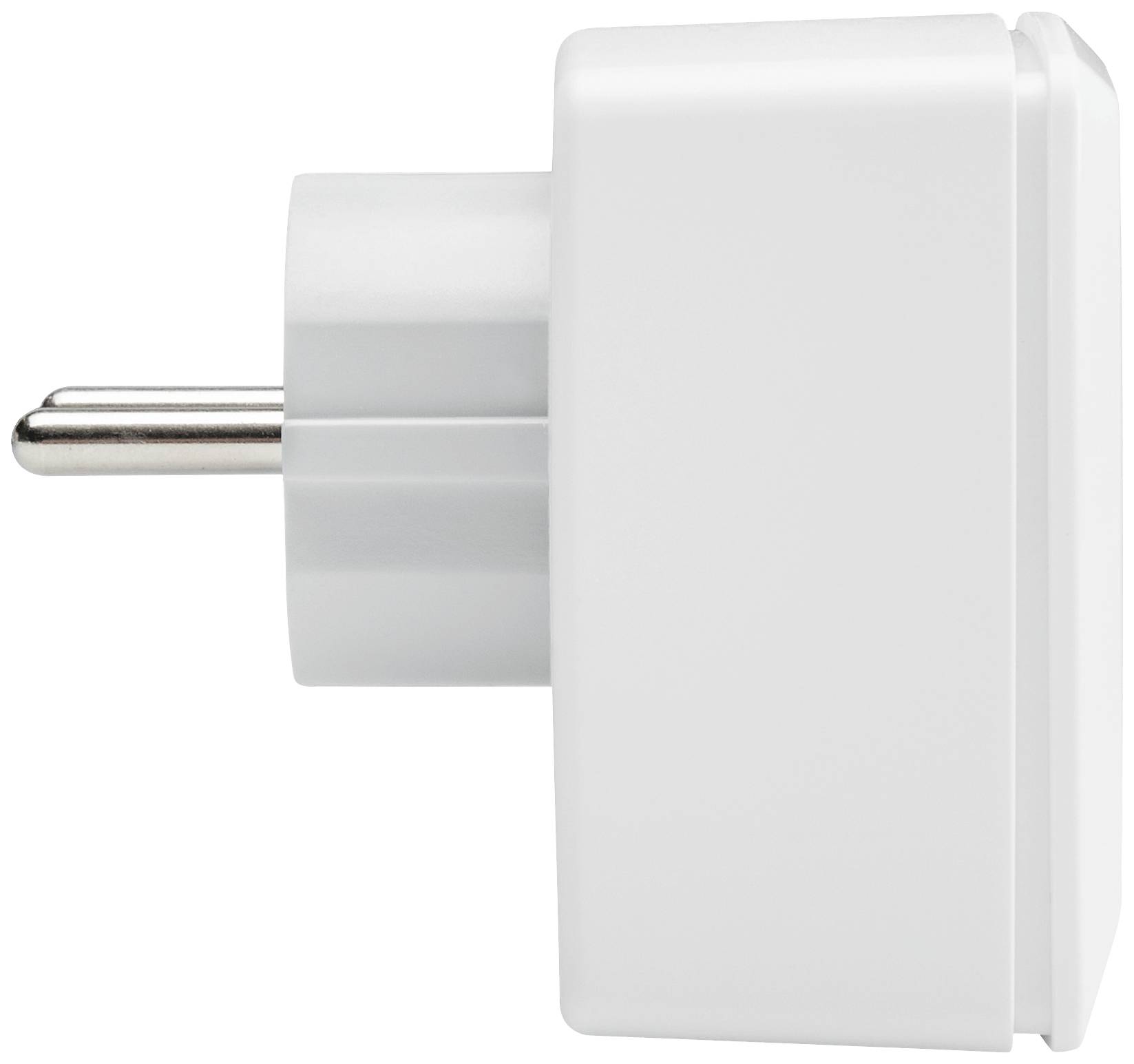 Ein weißer, rechteckiger Adapterstecker mit einem Metallstift, seitlich fotografiert.