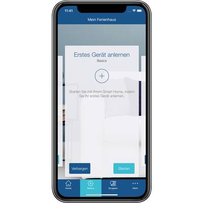 'Erstes Gerät anlernen' App-Bildschirm zeigt eine Anleitung zur Einrichtung eines ersten Smart-Home-Geräts. Optionen: 'Verbergen', 'Starten'.