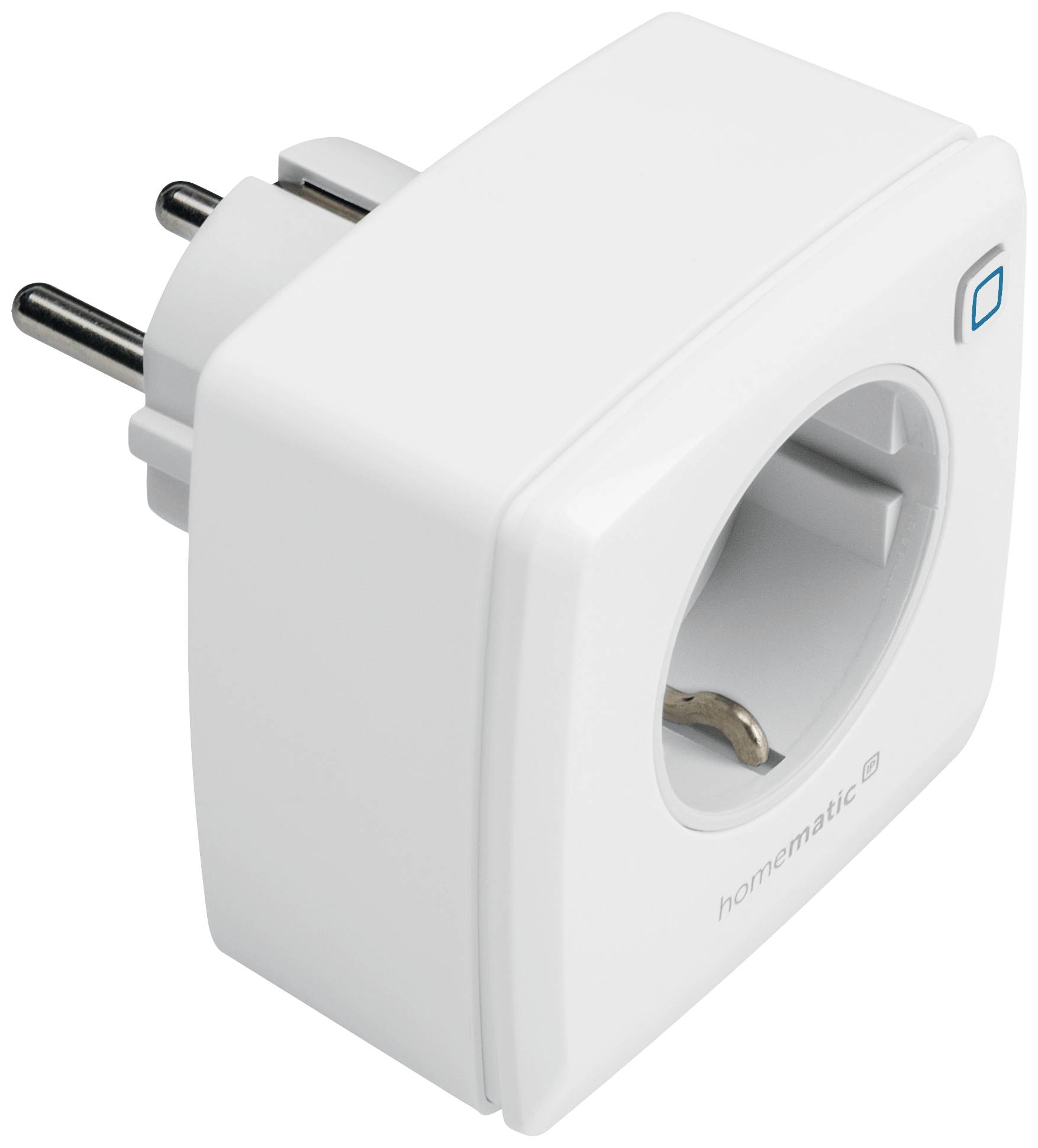 Ein weißer, rechteckiger Smart-Home-Zwischenstecker mit zwei Steckdosenanschlüssen und einem blauen Knopf.