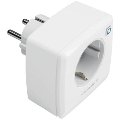Ein weißer, rechteckiger Smart-Home-Zwischenstecker mit zwei Steckdosenanschlüssen und einem blauen Knopf.