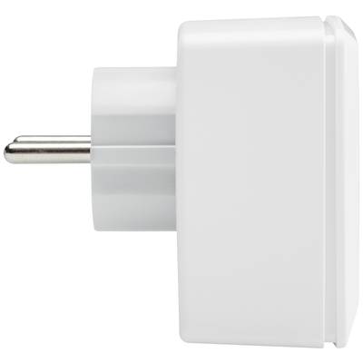 Ein weißer Steckdosenadapter mit seitlichem Blick, zeigt den Stecker und das Gehäuse.