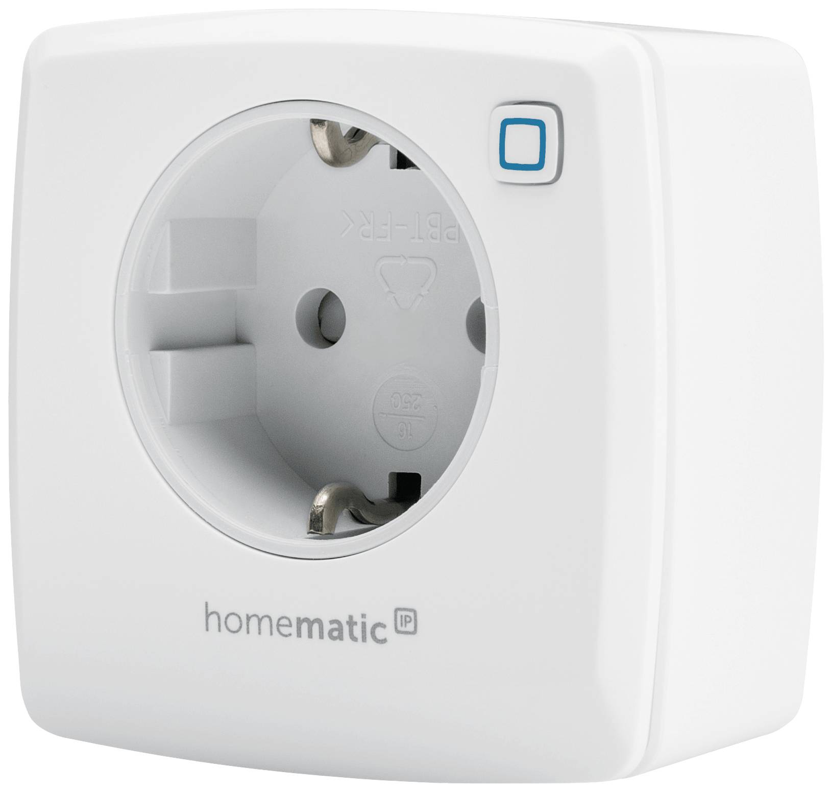 Steckdose in einem smarten Adapter von 'homematic IP', weißes Gehäuse mit quadratischem Design und kleinem blauen Knopf oben rechts.