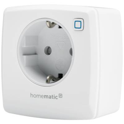 Steckdose in einem smarten Adapter von 'homematic IP', weißes Gehäuse mit quadratischem Design und kleinem blauen Knopf oben rechts.